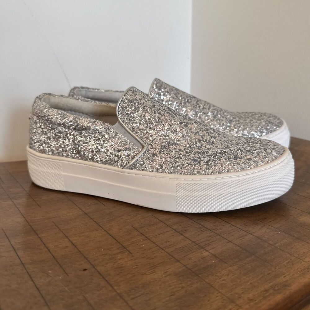 Steve Madden Glitter Slip On Sneakers Womens 5 Silver Sparkle Casual Shoes